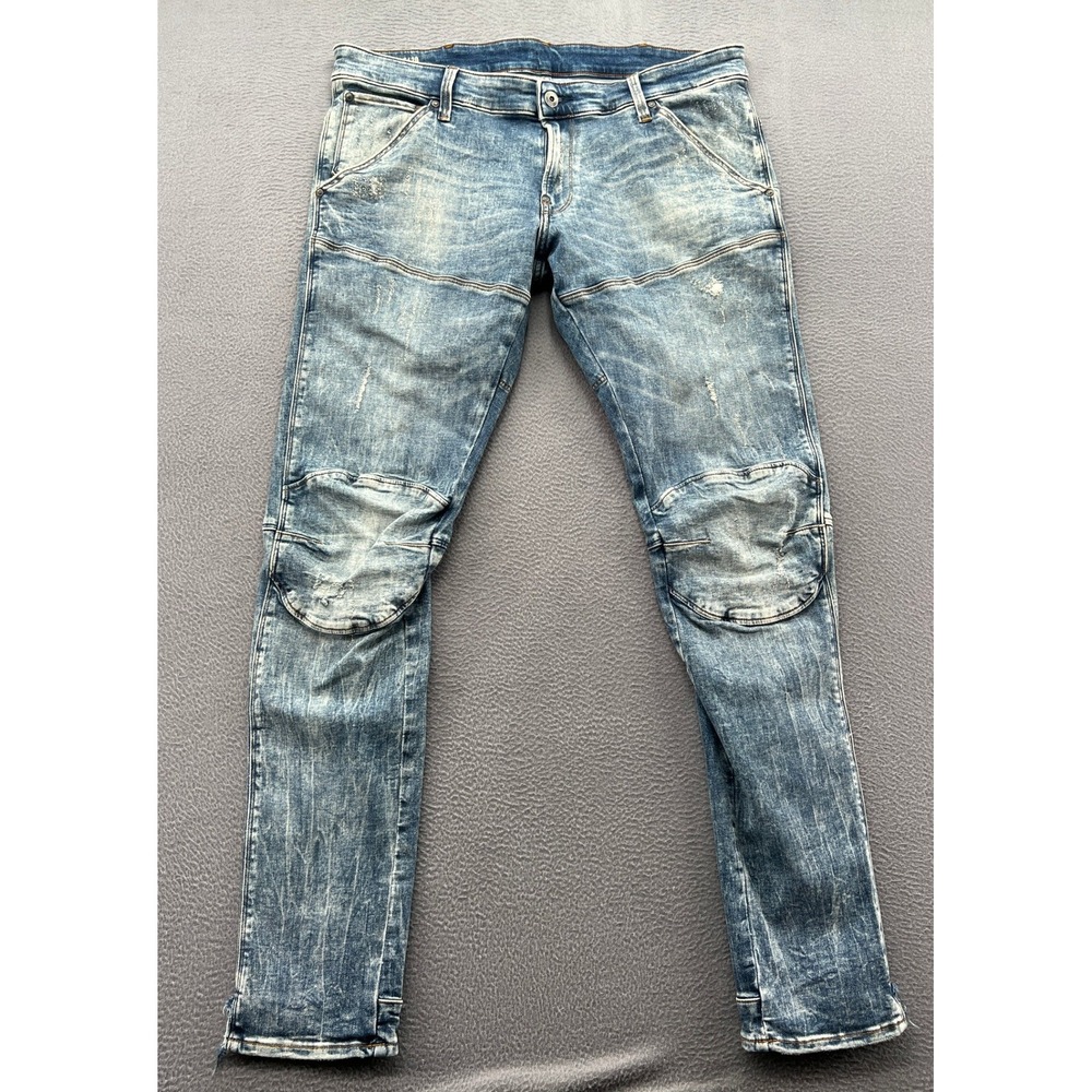 G-Star Raw 5620 Jeans Mens 36x34 3D Super Slim Elwood Moto Blue Acid Wash